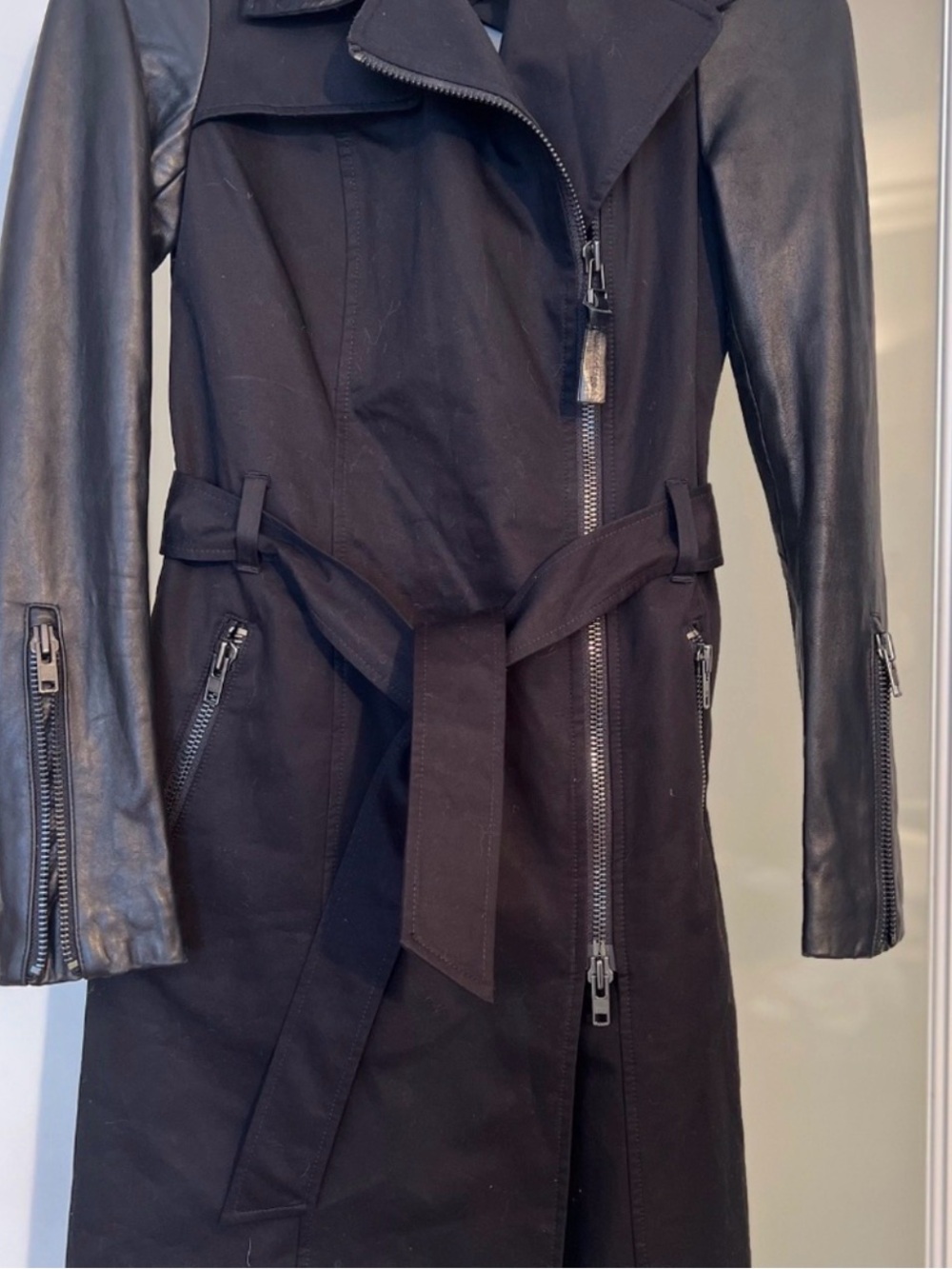 Artizia x Mackage Trench Coat w/ Asymmetrical Zipper & Leather sleeves Size XXS